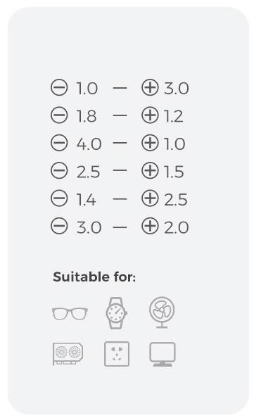 Lista över spänningsmärkningar med positiva och negativa poler, lämpliga för glasögon, datorfläktar, klockor och skärmar.
