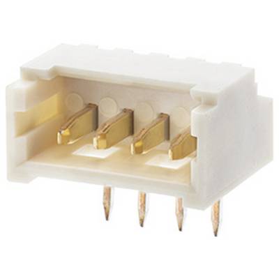 En vit, rektangulär kontakt med fyra guldkontakter och fyra stift nedtill. Lämplig för elektroniska tillämpningar.