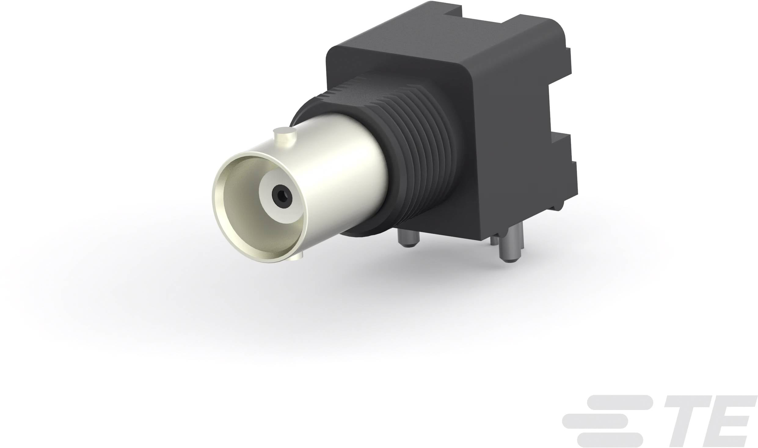Svart och silver elektrisk kontakt med cylindrisk metallstift och rektangulärt plasthölje.