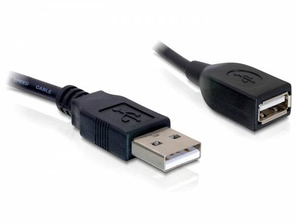 Två USB-kablar: Till vänster en USB-kontakt, till höger ett USB-uttag.