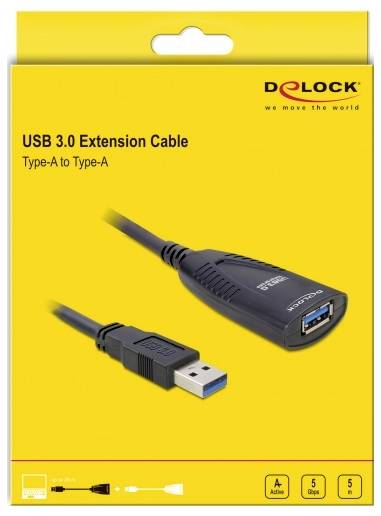 'Delock USB 3.0 förlängningskabel, Typ A till Typ A, svart, på gul förpackning. Stöder USB 3.0-hastighet.'