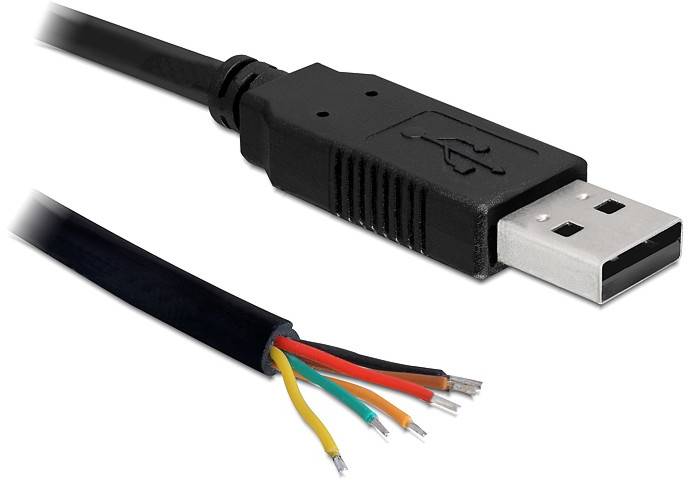 En USB-kabel med avisolerade trådar i ena änden och en standard-USB-kontakt i den andra änden.