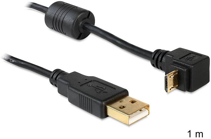 Ett svart USB-kabel med två typer av kontakter: vänster en standard-USB-kontakt, höger en Micro-USB-kontakt, 1 m lång.