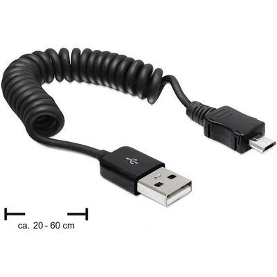En svart spiralkabel med USB-kontakt på ena sidan och Micro-USB-kontakt på den andra, längd ca 20–60 cm.
