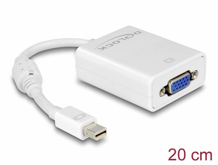 En vit Mini DisplayPort till VGA-adapter, 20 cm lång, förbinder enheter med Mini DisplayPort-anslutning till VGA-skärmar.