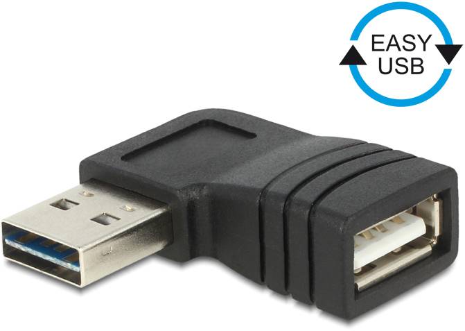 USB-vinkelsadapter i svart med ett blått USB 3.0-gränssnitt. Uppe till höger symbolen 'EASY USB' med pilar som antyder användarvänligheten.