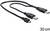 'USB-förlängningskabel med två USB-uttag och en Micro-USB-kontakt, längd 30 cm.'