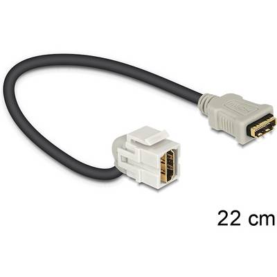 Ett kort svart HDMI-kabel med grå kontakter. Kontakten på höger sida är märkt, längden är 22 cm.