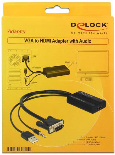 Adapterlåda från Delock: VGA till HDMI med ljud. Visar användningsdiagram för PC-till-TV-anslutning. Stöder 1920x1080.