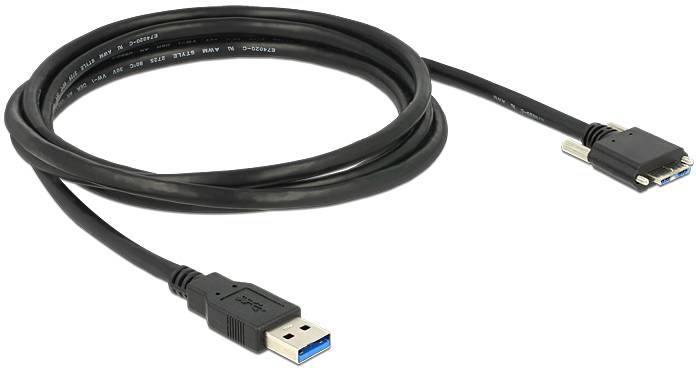 Svart USB-till-seriell kabel med blå USB-kontakt till vänster och seriell kontakt till höger, upprullad.
