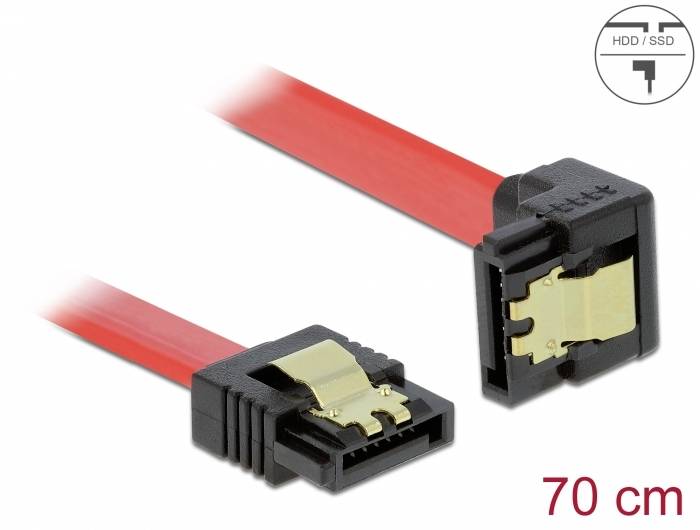 Röd 70 cm SATA-kabel med svarta kontakter och metallclips för HDD/SSD-anslutning.