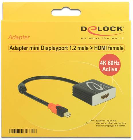 Gul förpackning för en Delock-adapter: Mini DisplayPort 1.2 hane till HDMI hona, 4K 60Hz, aktiv. Adapterkabel visas.