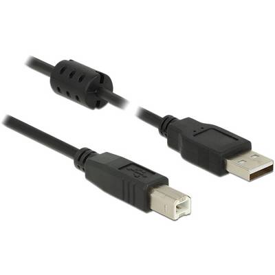 Två USB-kablar, en med USB-A-kontakt och den andra med USB-B-kontakt, svarta, på vit bakgrund.