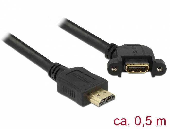 HDMI-kabel med svart kabel, en hane- och en honkontakt. Längd ca 0,5 m.