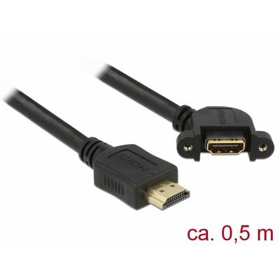 HDMI-kabel med svart kabel, en hane- och en honkontakt. Längd ca 0,5 m.