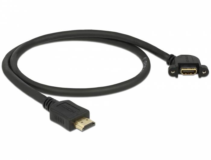 HDMI-kabel med vinklad kontakt, lämplig för anslutning av enheter som TV och dator, visar guldpläterade kontakter.