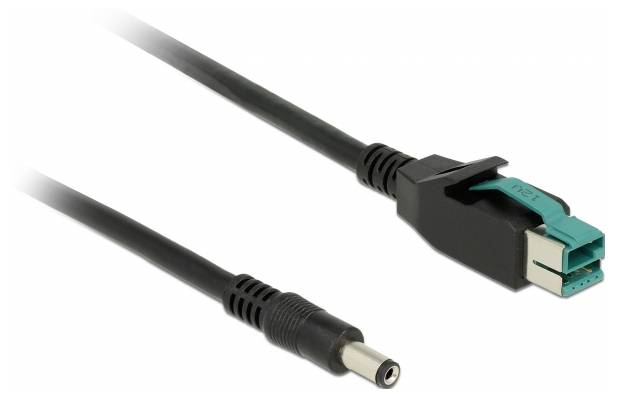 En svart strömkabel med en rektangulär adapter och en metallkontakt i ändarna. Lämplig för elektroniska enheter.