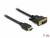 HDMI-till-DVI-kabel, 1 meter lång. Vänster HDMI-kontakt, höger DVI-kontakt. Användning: Anslutning mellan HDMI- och DVI-enheter.