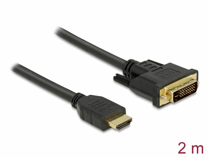 HDMI-till-DVI-kabel, 2 meter lång, svart plast, för videouppkopplingar.