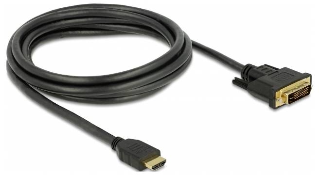 Svart HDMI-till-DVI-kabel, lindad, med HDMI-kontakt till vänster och DVI-kontakt till höger. Lämplig för videoanslutningar.