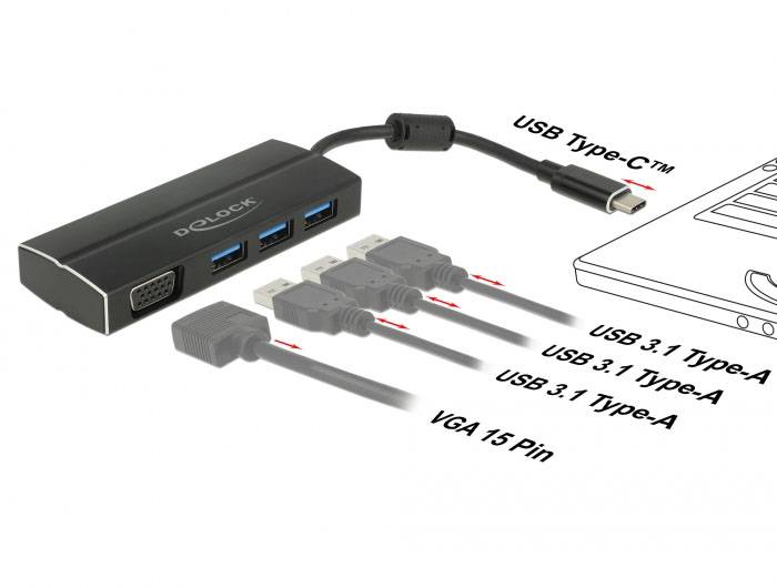 Adapter med USB Type-C, två USB 3.1 Type-A och VGA 15-stifts anslutningar. Fungerar som en förbindelselänk mellan bärbara datorn och flera enheter.