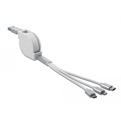 Ett vitt, utdragbart USB-laddkabel med tre olika anslutningar: USB-C, Micro-USB och Lightning, för mångsidig användning.