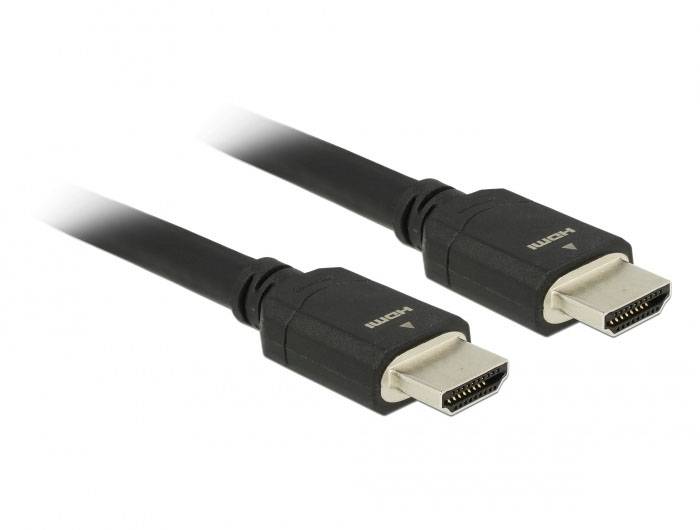 En svart HDMI-kabel med två anslutningar, där båda ändar pekar i samma riktning.