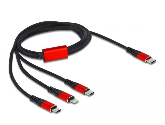 Laddkabel med USB-C-kontakt och tre olika anslutningsalternativ: USB-C, Micro-USB och Lightning, mot vit bakgrund.