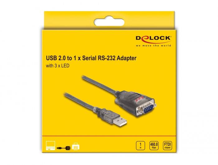 USB 2.0 till 1x Seriell RS-232 Adapter med 3 LED-lampor, bild av en adapter med USB- och 9-polig seriell anslutning, DELOCK-logotyp.