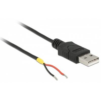 USB-kabel med öppet slut: Svart USB-kontakt och två avisolerade trådar - röd och svart. Lämplig för DIY-projekt eller reparationer.