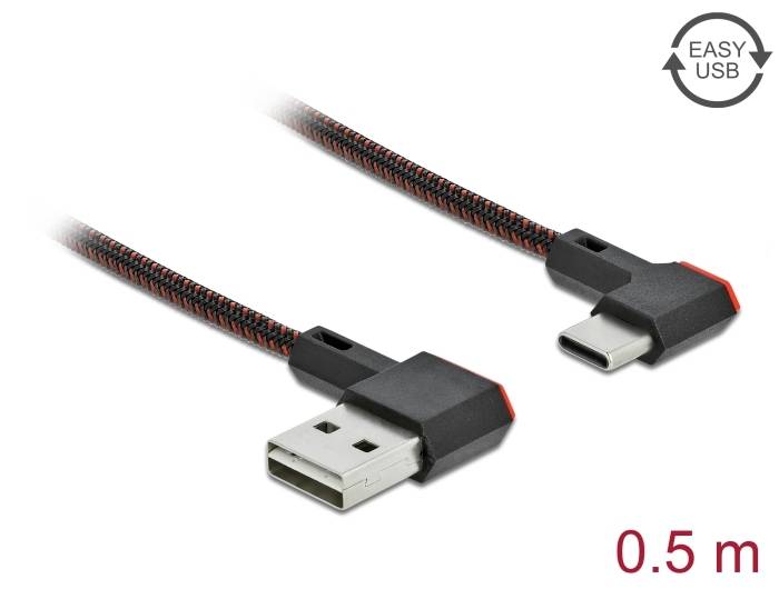 USB-kabel med flätat hölje, två kontakter (USB-A och USB-C), längd 0,5 m, text 'EASY USB' betonar användarvänligheten.