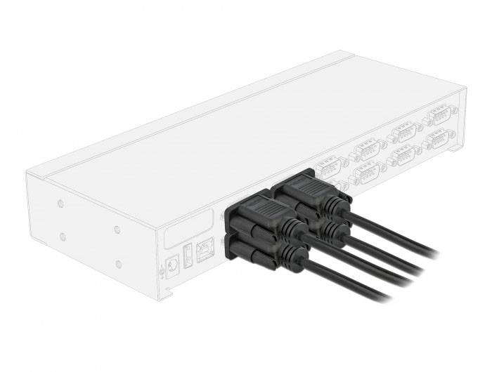 En apparat med flera uttag där fyra kablar är anslutna på baksidan, sannolikt för elektriska förbindelser.