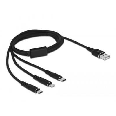 Laddkabel med USB-anslutning och tre olika kontakter: Micro-USB, Lightning och USB-C, på en vit bakgrund.