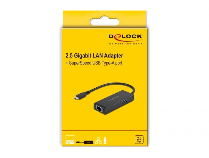 Gul förpackning för en 2,5 Gigabit LAN-adapter med SuperSpeed USB Type-A-port från Delock.