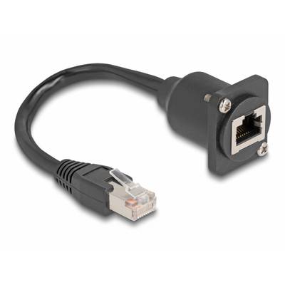 Ett svart Ethernet-kabel med RJ45-kontakt och matchande uttag, lämpligt för nätverksanslutningar och dataöverföring.