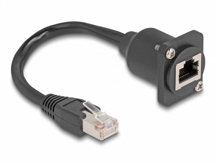 Nätverkskabel med RJ45-kontakt, anslutet till ett vägguttag, lämpligt för Ethernet-anslutningar och dataöverföring.