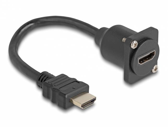 En svart HDMI-kabel med en hankontakt på vänster sida och en honkontakt som är lämplig för montering på en yta.
