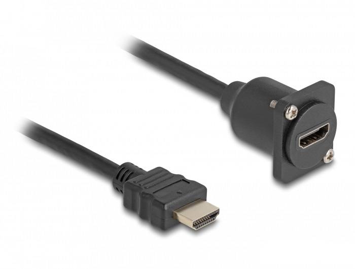 Svart HDMI-kabel med kontakt och inbyggd uttag, avsett för ljud- och videoöverföring.