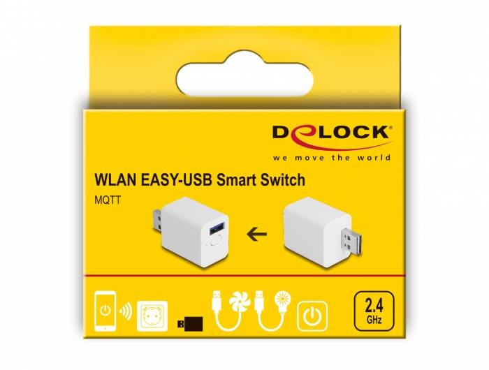 'WLAN EASY-USB Smart Switch' förpackning med bilder av produkten och symboler för WLAN, MQTT och 2,4 GHz. Varumärke: Delock.