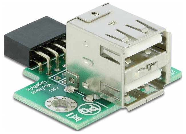 En grön USB-kretskort med silvermetallfärgad USB-kontakt och flera stiftpins för lödning.