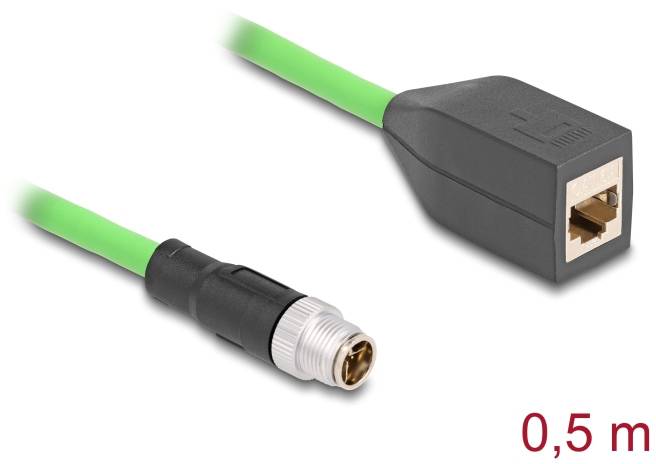 Ett grönt Ethernet-kabel, 0,5 m långt, med en cylindrisk kontakt i ena änden och en RJ45-kontakt i den andra änden.