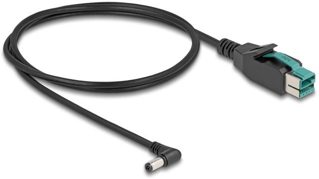 Svart adapterkabel med en rektangulär och en rund kontakt, lämplig för enhetsanslutningar.