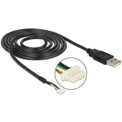 Svart USB-kabel med liten vit kontakt i änden och närbild av kontakten, visar de röda, svarta, gröna och vita trådarna.