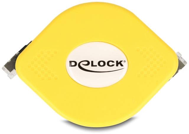 Gult, ovalt kabelupprullningssystem från märket Delock, med logotyp i mitten, lämpligt för att linda upp kablar av olika slag.