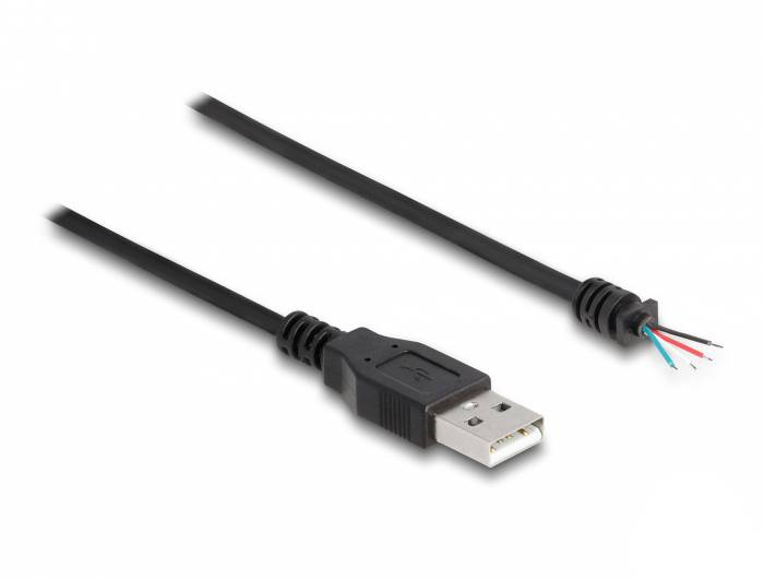 USB-kabel: En sida med kontakt, andra sidan med exponerade, färgkodade trådar.