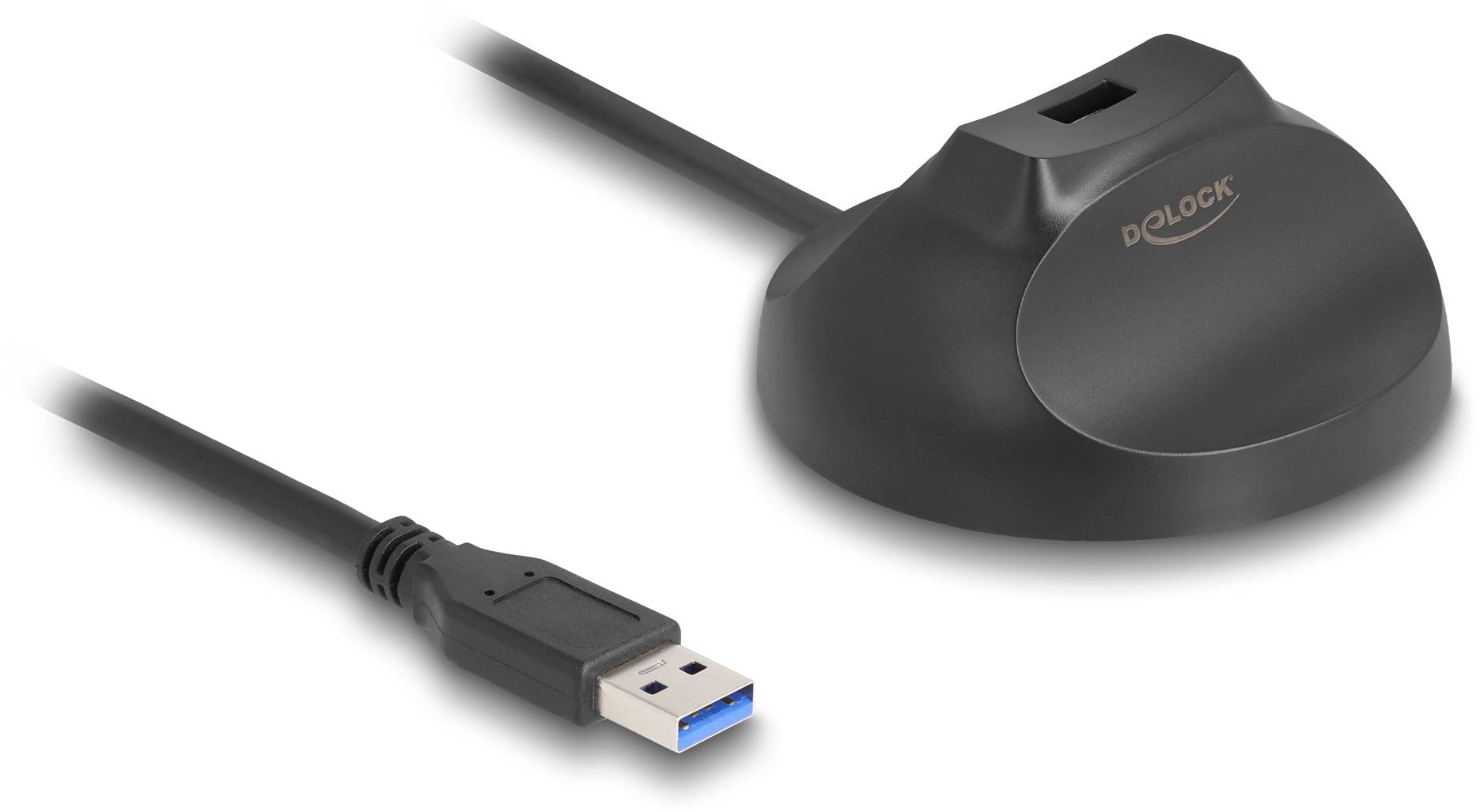 USB-kortläsare i svart, ansluten till en kabel. Lämplig för anslutning till datorer via USB-gränssnitt.