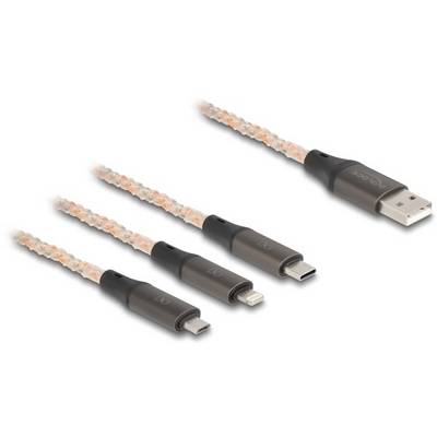 Tre laddkablar med olika kontakter: Micro-USB, Lightning och USB-C, alla anslutna till en USB-A-kontakt.