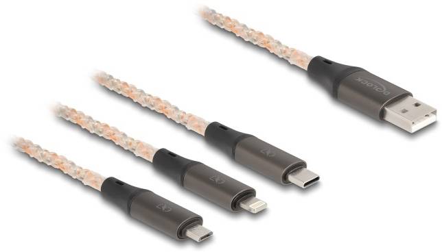 Fyra olika USB-kablar med olika kontakter: USB-C, Micro-USB, Lightning och USB-A.