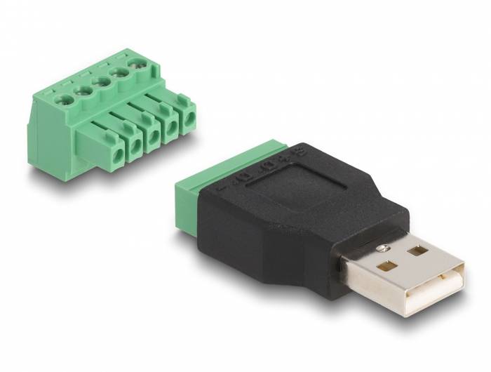 USB till skruvklämmor-adapter: En svart USB-kontakt med ett grönt terminalblock för kabelanslutningar, visade var för sig.
