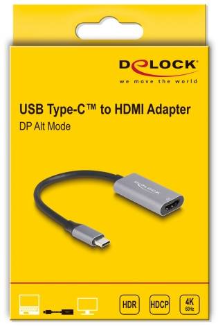 Delock USB Type-C till HDMI-adapter, DP Alt Mode, stöder HDR, HDCP, 4K 60 Hz. Gul förpackning med bild av adaptern.